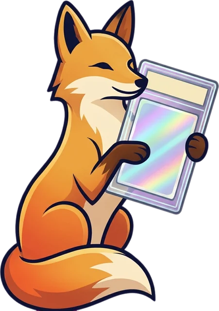 Pip, the Pullfox fox, holding a graded card